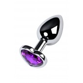 Серебристая коническая анальная пробка с фиолетовым кристаллом-сердечком - 7 см. - ToyFa - купить с доставкой в Нижневартовске