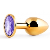 Золотистая анальная пробка с фиолетовым стразом - 7,2 см. - Anal Jewelry Plug - купить с доставкой в Нижневартовске