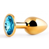 Золотистая анальная пробка с голубым стразом - 7,2 см. - Anal Jewelry Plug - купить с доставкой в Нижневартовске Золотистая анальная пробка с голубым стразом - 7,2 см. - Anal Jewelry Plug - купить с доставкой в Нижневартовске