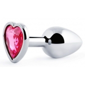 Серебристая анальная пробка с малиновым кристаллом-сердечком - 7 см. - Anal Jewelry Plug - купить с доставкой в Нижневартовске