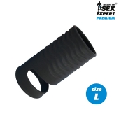 Черная открытая насадка на пенис с кольцом для мошонки L-size - 8,5 см. - Sex Expert - в Нижневартовске купить с доставкой