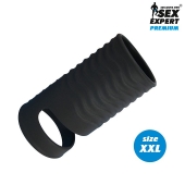 Черная открытая насадка на пенис с кольцом для мошонки XXL-size - 9,4 см. - Sex Expert - в Нижневартовске купить с доставкой