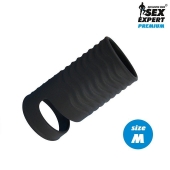 Черная открытая насадка на пенис с кольцом для мошонки size M - 7,9 см. - Sex Expert - в Нижневартовске купить с доставкой