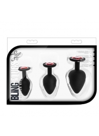 Набор черных анальных пробок с красным кристаллом-сердечком Bling Plugs Training Kit - Blush Novelties - купить с доставкой в Нижневартовске