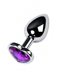 Серебристая коническая анальная пробка с фиолетовым кристаллом-сердечком - 7 см. - ToyFa - купить с доставкой в Нижневартовске