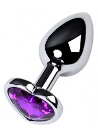 Серебристая коническая анальная пробка с фиолетовым кристаллом-сердечком - 7 см. - ToyFa - купить с доставкой в Нижневартовске