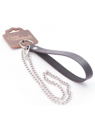 Серебристый металлический поводок с кожаной черной ручкой - 80 см. - Crazy Handmade - купить с доставкой в Нижневартовске