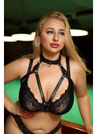 Черная кожаная сбруя с ошейником plus size из нежной кожи - БДСМ Арсенал - купить с доставкой в Нижневартовске