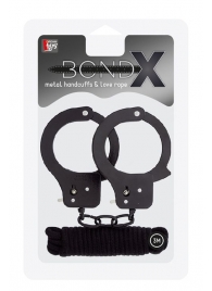 Чёрные наручники из листового металла в комплекте с веревкой BONDX METAL CUFFS LOVE ROPE SET - Dream Toys - купить с доставкой в Нижневартовске