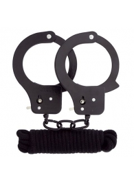 Чёрные наручники из листового металла в комплекте с веревкой BONDX METAL CUFFS LOVE ROPE SET - Dream Toys - купить с доставкой в Нижневартовске