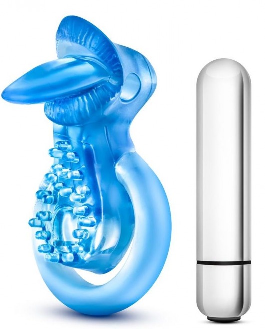 Голубое эрекционное виброкольцо 10 Function Vibrating Tongue Ring - Blush Novelties - в Нижневартовске купить с доставкой