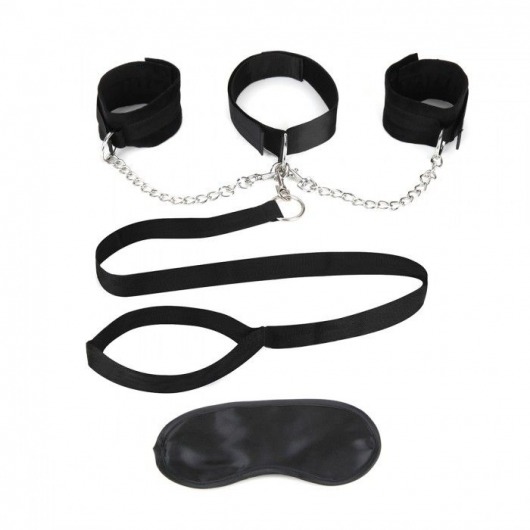 Чёрный ошейник с наручниками и поводком Collar Cuffs   Leash Set - Lux Fetish - купить с доставкой в Нижневартовске