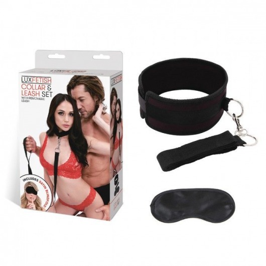 Черный ошейник с длинным поводком Collar and Leash Set - Lux Fetish - купить с доставкой в Нижневартовске