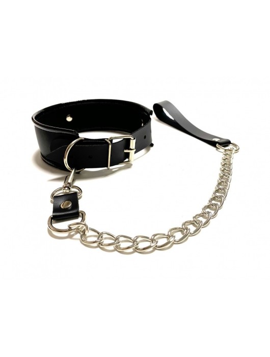Черный ошейник с поводком из эко-кожи - БДСМ Арсенал - купить с доставкой в Нижневартовске