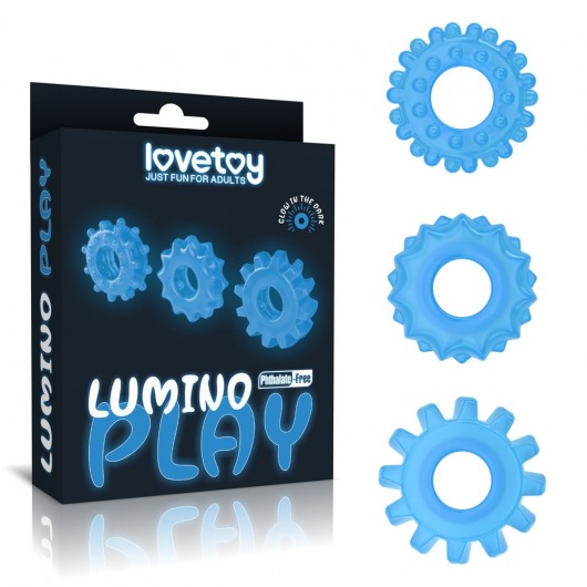 Набор из 3 голубых, светящихся в темноте эрекционных колец Lumino Play - Lovetoy - в Нижневартовске купить с доставкой