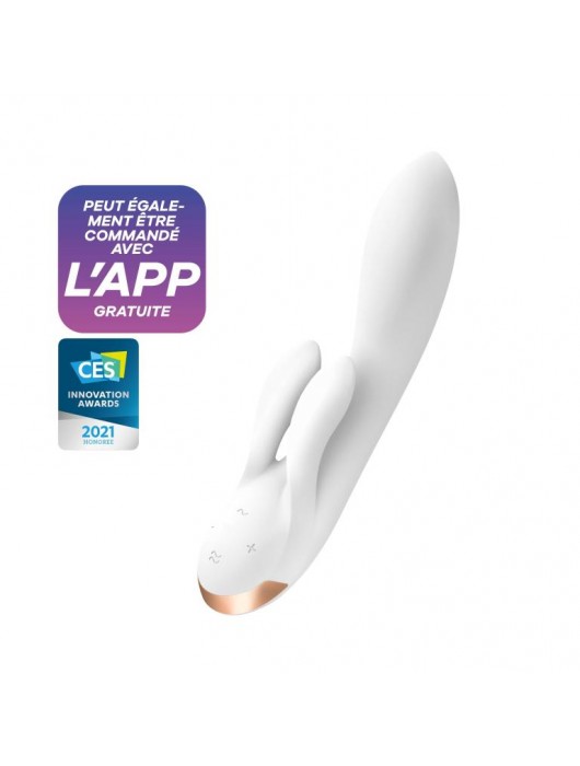 Белый вибратор-кролик Double Flex с двумя клиторальными отростками - 20,1 см. - Satisfyer