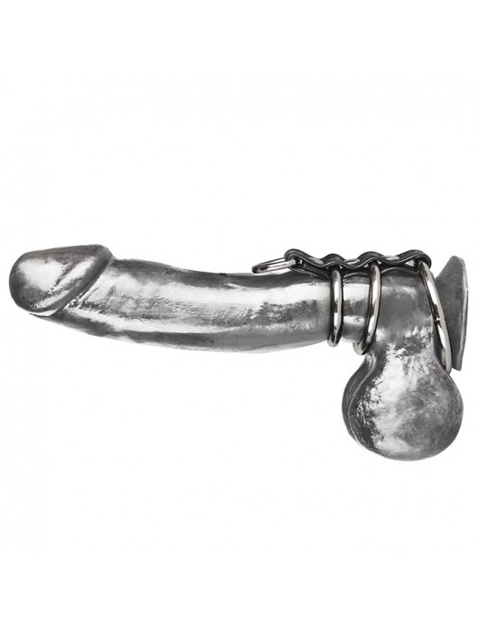 Хомут на пенис из трех металлических колец и кольца для привязи 3 RING GATES OF HELL - BlueLine - купить с доставкой в Нижневартовске