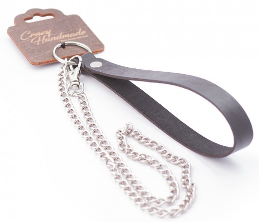 Серебристый металлический поводок с кожаной черной ручкой - 80 см. - Crazy Handmade - купить с доставкой в Нижневартовске