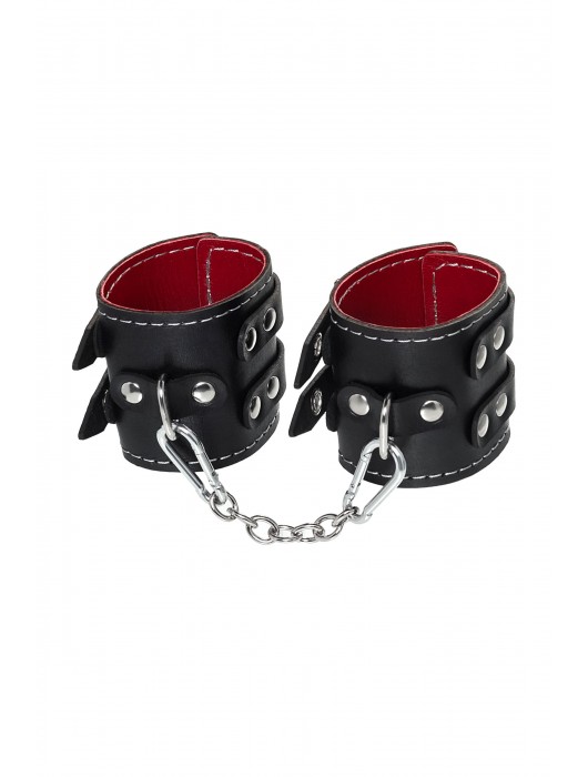 Черные кожаные наручники с двумя ремнями и красной подкладкой - Pecado - купить с доставкой в Нижневартовске