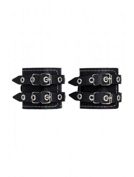 Черные кожаные наручники с двумя ремнями и красной подкладкой - Pecado - купить с доставкой в Нижневартовске