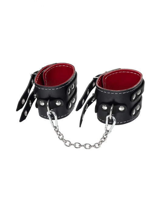 Черные кожаные оковы с двумя ремнями и красной подкладкой - Pecado - купить с доставкой в Нижневартовске