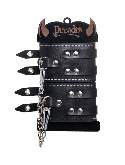 Черные кожаные оковы с двумя ремнями и красной подкладкой - Pecado - купить с доставкой в Нижневартовске