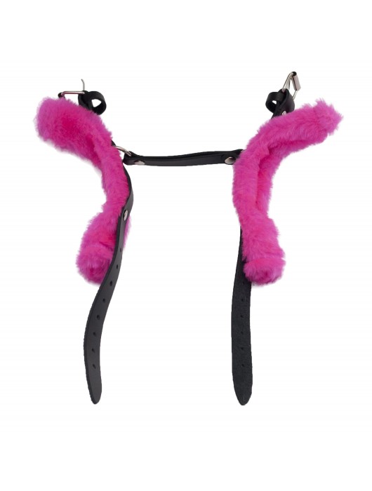 Черные базовые наручники из кожи с розовой опушкой - Лунный свет - купить с доставкой в Нижневартовске