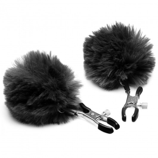 Зажимы для сосков с черным помпонами Pom Pom Nipple Clamps - XR Brands - купить с доставкой в Нижневартовске