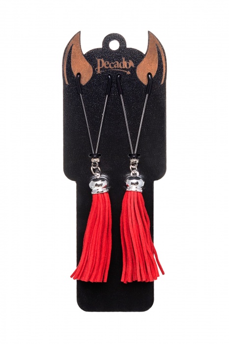 Зажимы на соски «Вилки» с красными кисточками из замши - Pecado - купить с доставкой в Нижневартовске