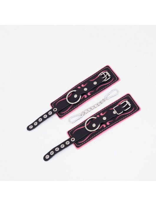 Черно-розовые кожаные наручники с розовой строчкой - Crazy Handmade - купить с доставкой в Нижневартовске