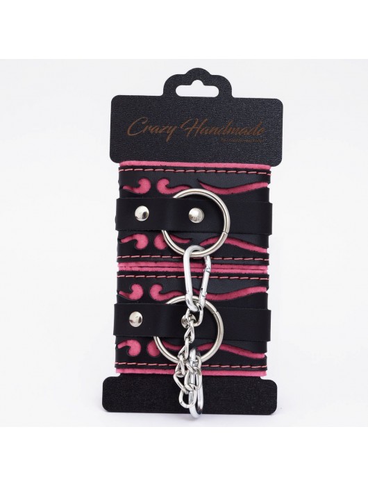 Черно-розовые кожаные наручники с розовой строчкой - Crazy Handmade - купить с доставкой в Нижневартовске