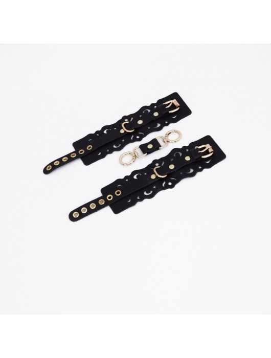 Черные кожаные наручники с узорами и золотистой фурнитурой - Crazy Handmade - купить с доставкой в Нижневартовске
