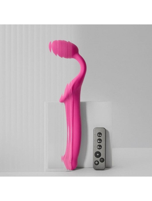 Ярко-розовый безремневой страпон Strap-on-me Vibrating Bendable Strap-On size L - Strap-on-me - купить с доставкой в Нижневартовске