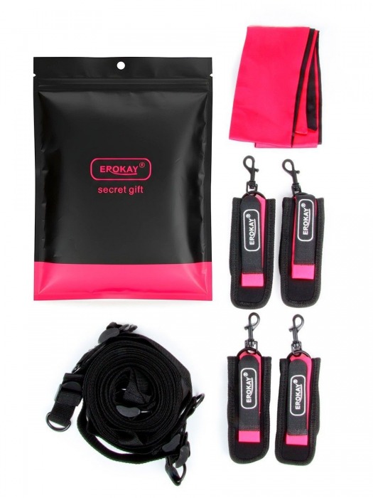 Черно-розовый эротический набор: фиксатор, оковы, наручники, повязка - Erokay - купить с доставкой в Нижневартовске