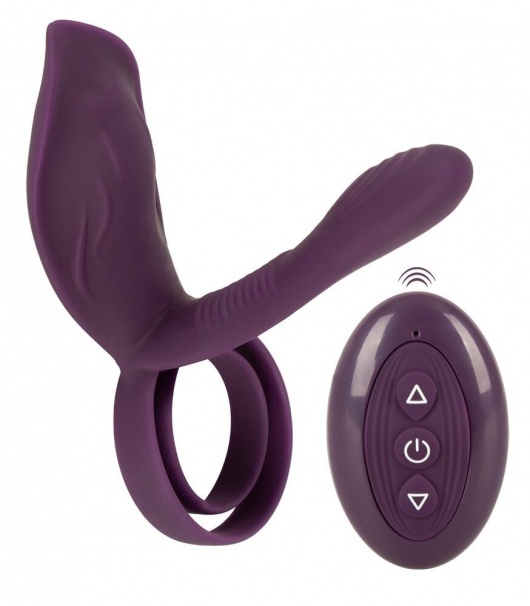 Фиолетовая насадка на член с клиторальным отростком и пультом ДУ RC Couple’s Vibrator 2 - Orion - в Нижневартовске купить с доставкой