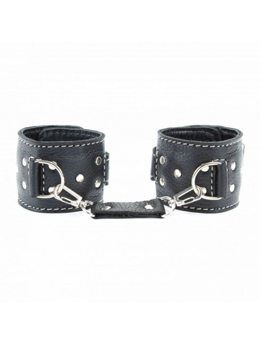 Чёрные кожаные наручники с крупной строчкой - БДСМ Арсенал - купить с доставкой в Нижневартовске