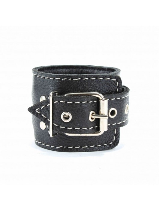 Чёрные кожаные наручники с крупной строчкой - БДСМ Арсенал - купить с доставкой в Нижневартовске