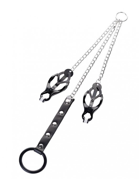 Черно-серебристые зажимы для сосков с кольцом для пениса TOYFA Metal - ToyFa - купить с доставкой в Нижневартовске