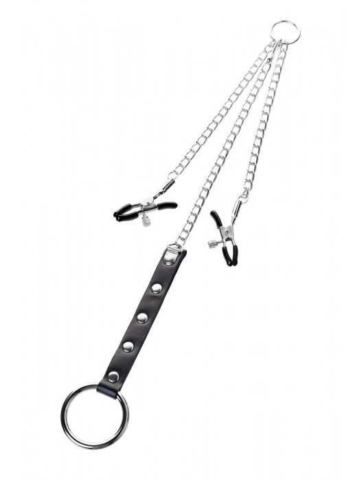 Серебристо-чёрные зажимы для сосков с кольцом для пениса TOYFA Metal - ToyFa - купить с доставкой в Нижневартовске